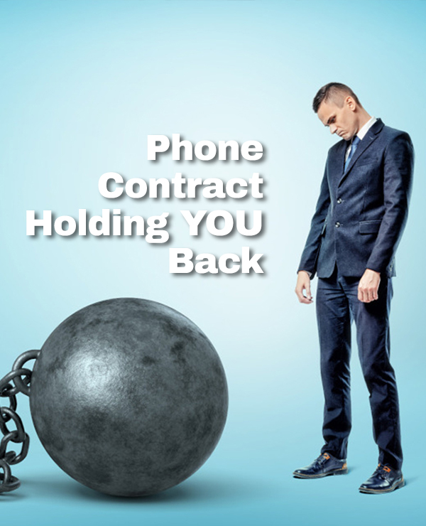 A small sad businessman looking down to a giant iron ball and chain on blue background.