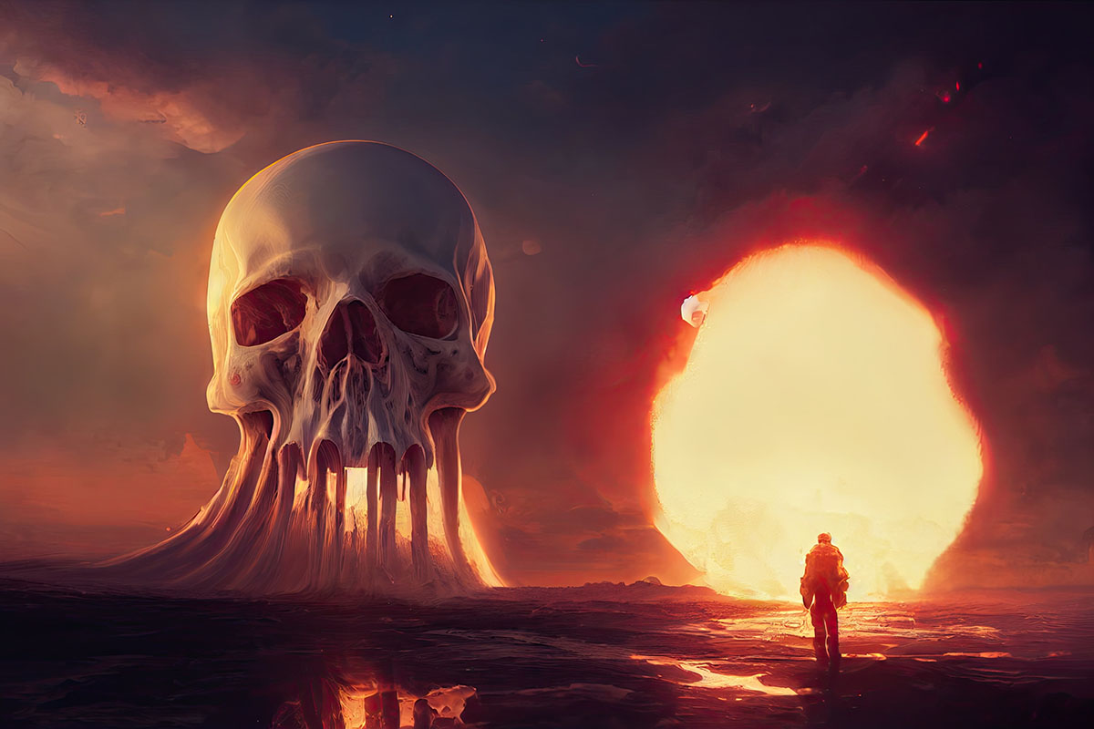 Nuclear explosion cloud shaped like sull on city skyline next to man in radiation suit at sunset.