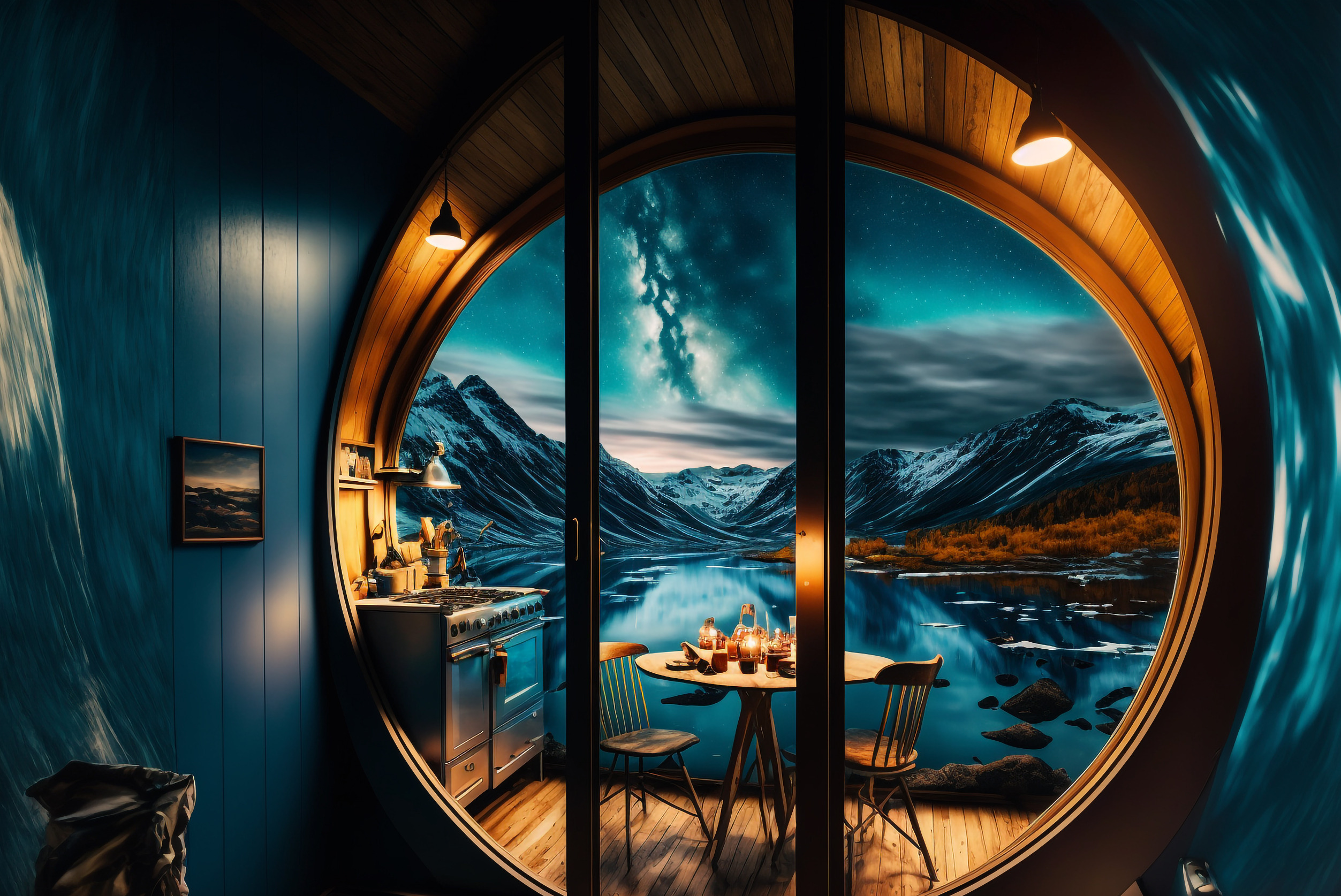 Tiny house next to lake in remote wilderness under aurora borealis.
